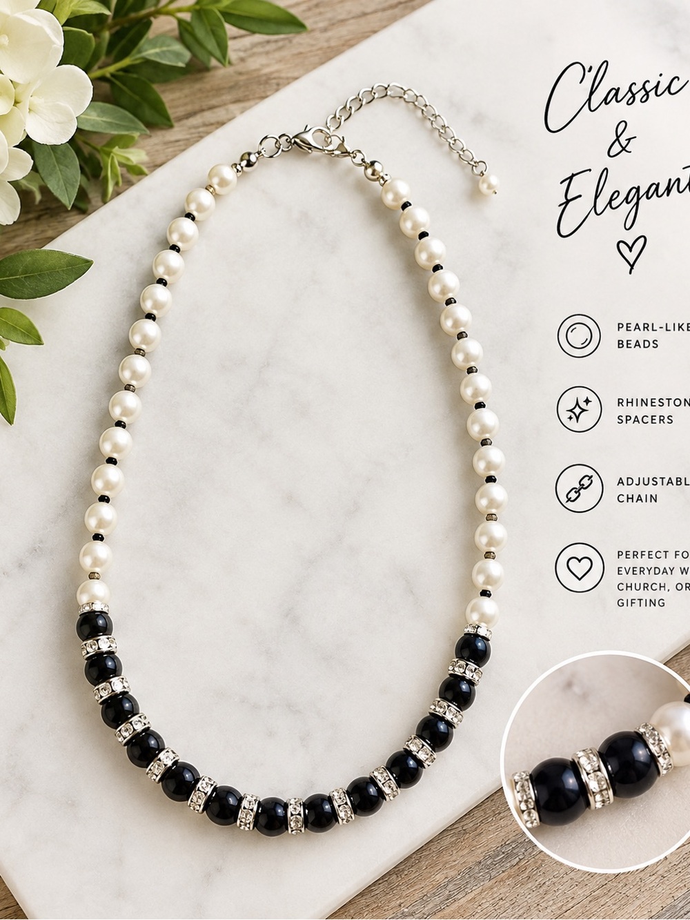 Classic Pearl-Like & Black Bead Necklace with Rhinestone Spacers